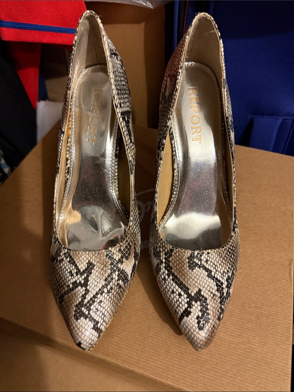 Report Beige and Black Snakeskin Pointed Toe Pumps